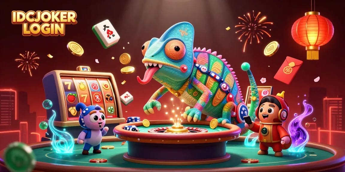 IDCJOKER LOGIN as a vibrant casino chameleon captures golden coins amidst spinning slot reels and festive decor.