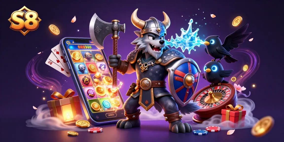 S8 delivers an exhilarating gaming experience with a Viking warrior and dragon amid vibrant slot games and golden coins.