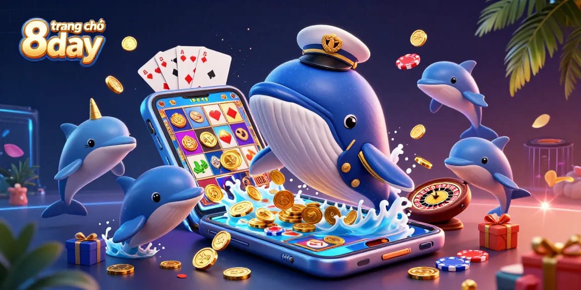 Engage with the exciting trang chủ 8day featuring vibrant 3D illustrations of a whale, narwhal, and playful dolphins in a gambling-themed scene.