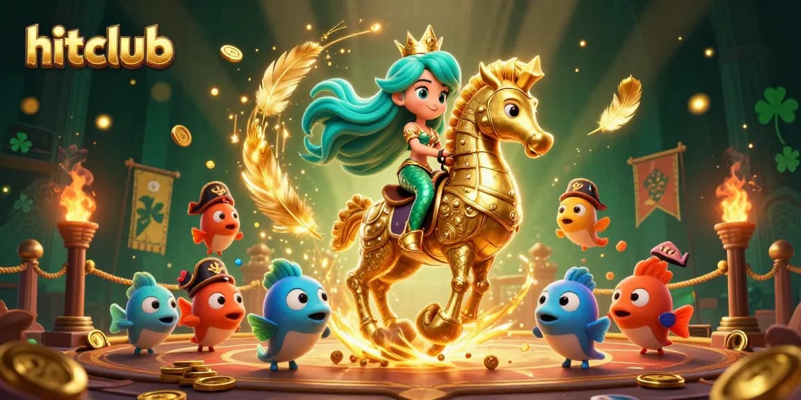 Hitclub's vibrant 3D illustration showcases a mermaid princess in a golden casino arena with shimmering coins.