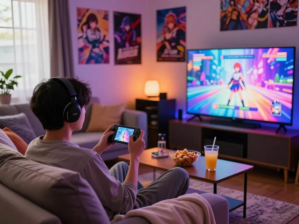 Gamer immersed in a hentai game on a handheld console, cozy sofa setting with colorful LED lights and snacks.