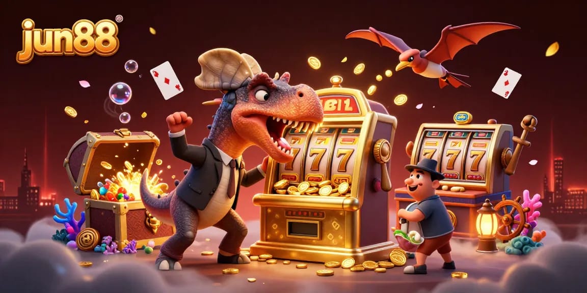 Experience thrilling gameplay at jun88 with a dinosaur slot machine jackpot scene bursting with golden coins.