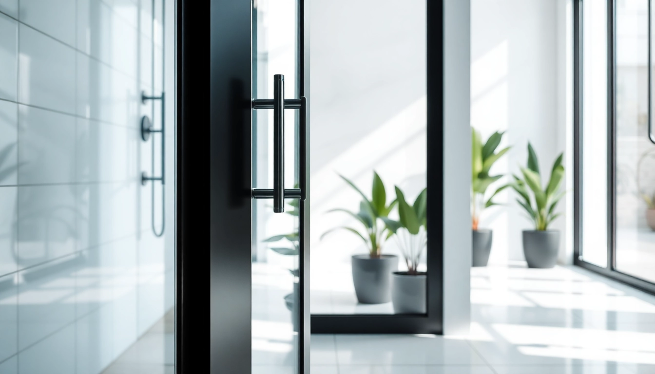 Showcasing sleek black frame shower doors in a stylish bathroom with modern decor.