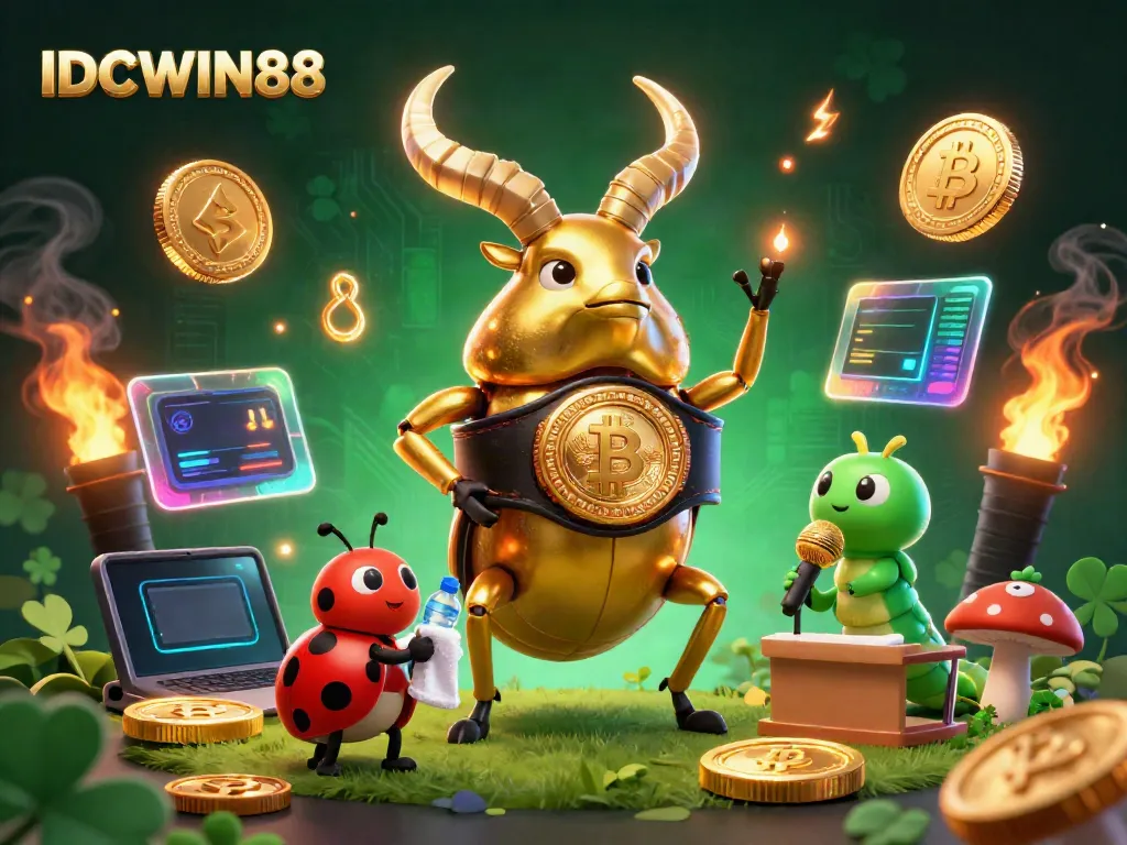 Experience the excitement of IDCWIN88 with a dynamic illustration of a golden stag beetle in a boxing scene, showcasing gambling elements.