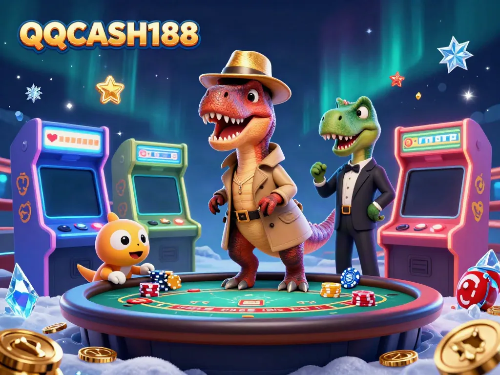 Experience thrilling gaming with QQCASH188 as a cartoon velociraptor strategically places bets at a buzzing blackjack table.
