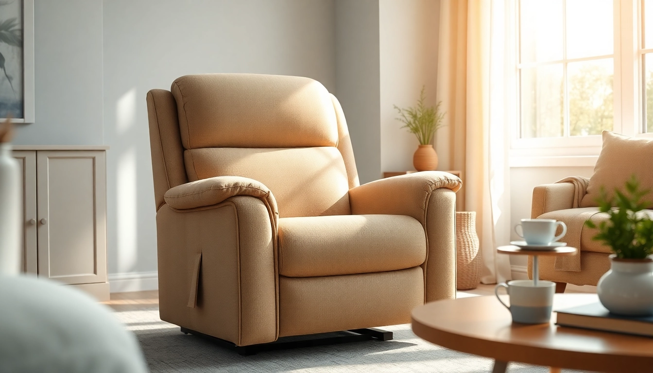 Comfortable lift chair placed in a cozy living room, showcasing its inviting features.