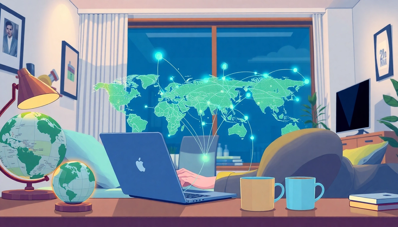 快连下载 provides seamless internet connection in a modern workspace, showcasing global connectivity and technology.