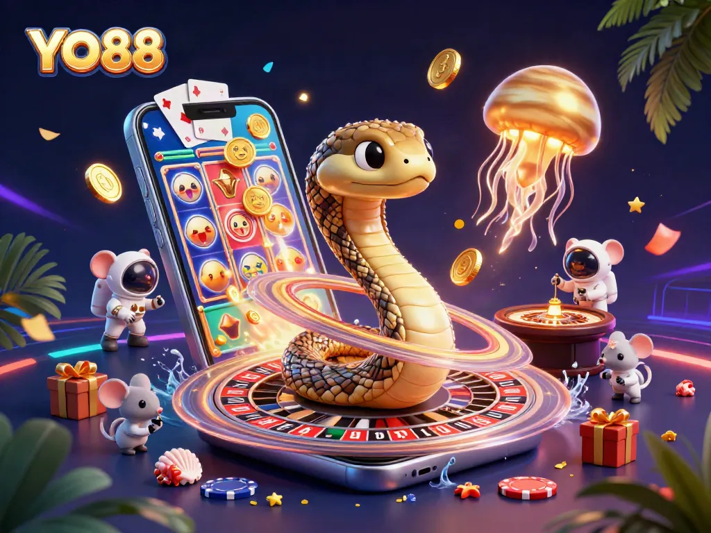 YO88 showcases a colorful cosmic casino scene with unique characters and gambling elements.