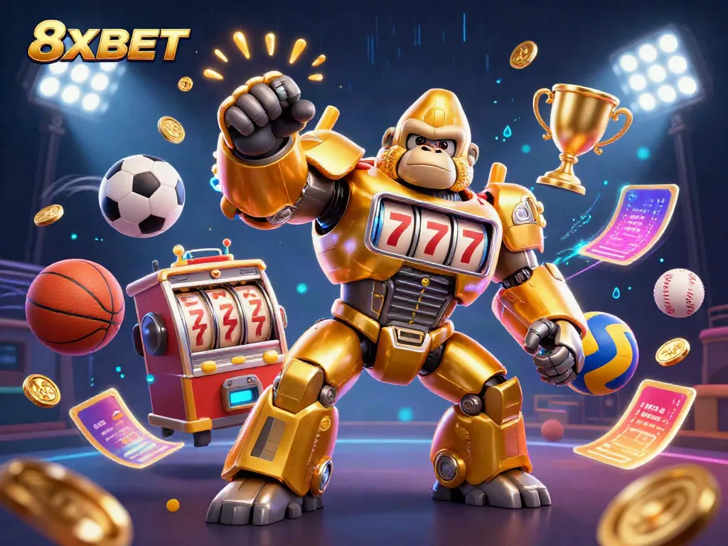 Experience thrilling gameplay at 8XBET, featuring an exciting 3D scene with a golden mech and dynamic sports elements.