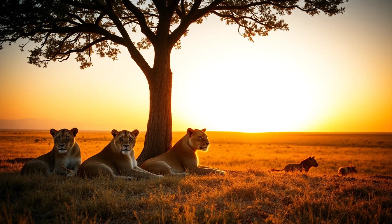Experience a breathtaking Tanzania Safari with lions under an acacia tree amidst a stunning savannah sunset.
