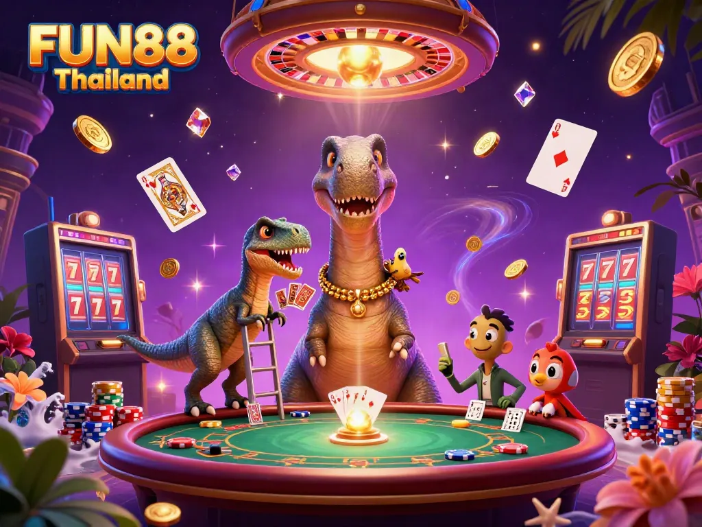 Experience the excitement of FUN88 Thailand with a vibrant 3D casino scene featuring dynamic games and characters.