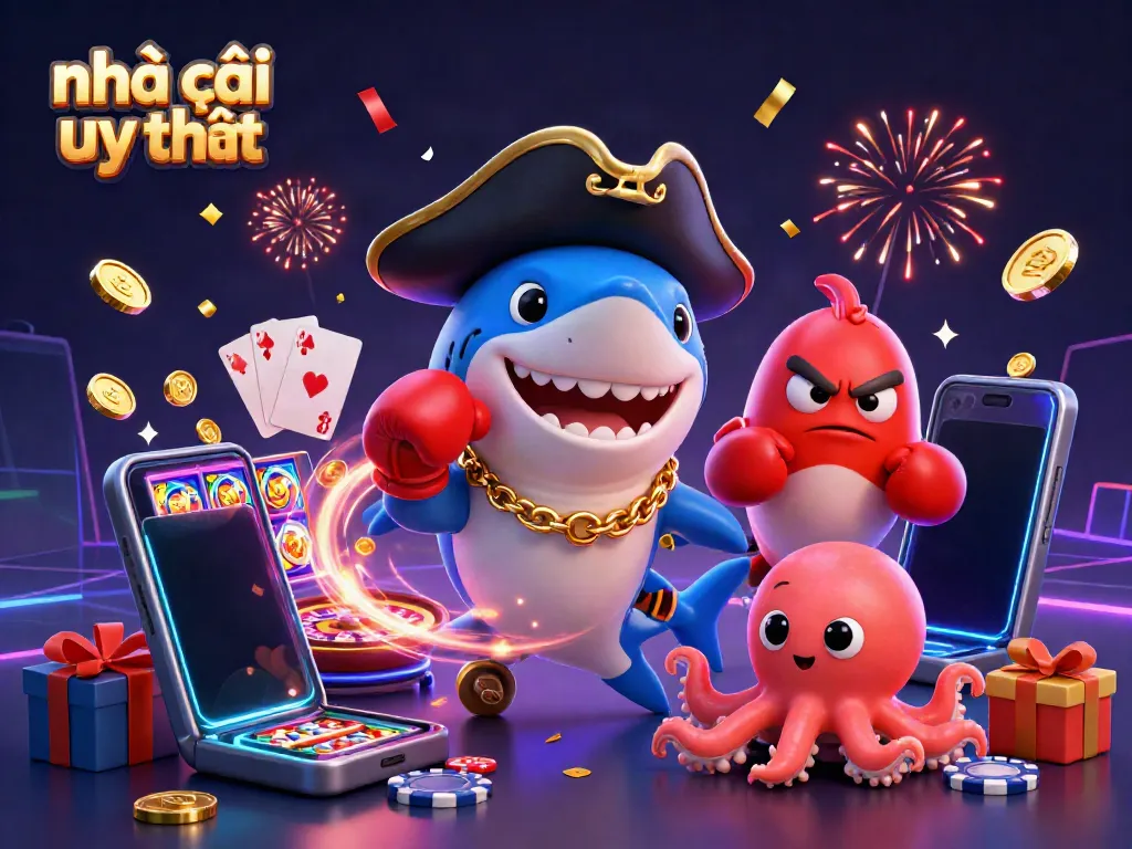 Win big with nhà cái uy tín featuring a cartoon shark, pufferfish, and octopus in a colorful casino scene.