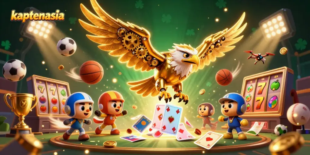 Experience exciting gameplay with kaptenasia's vibrant 3D rendering of dynamic casino elements.