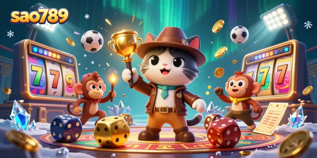 Engage with sao789 as a cat adventurer uncovers golden artifacts amidst vibrant casino elements.