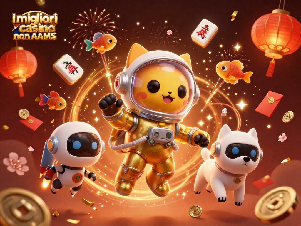 Scopri i migliori casinò non AAMS con l'illustrazione di un gatto astronauta in un casinò spaziale, tra effetti dorati.