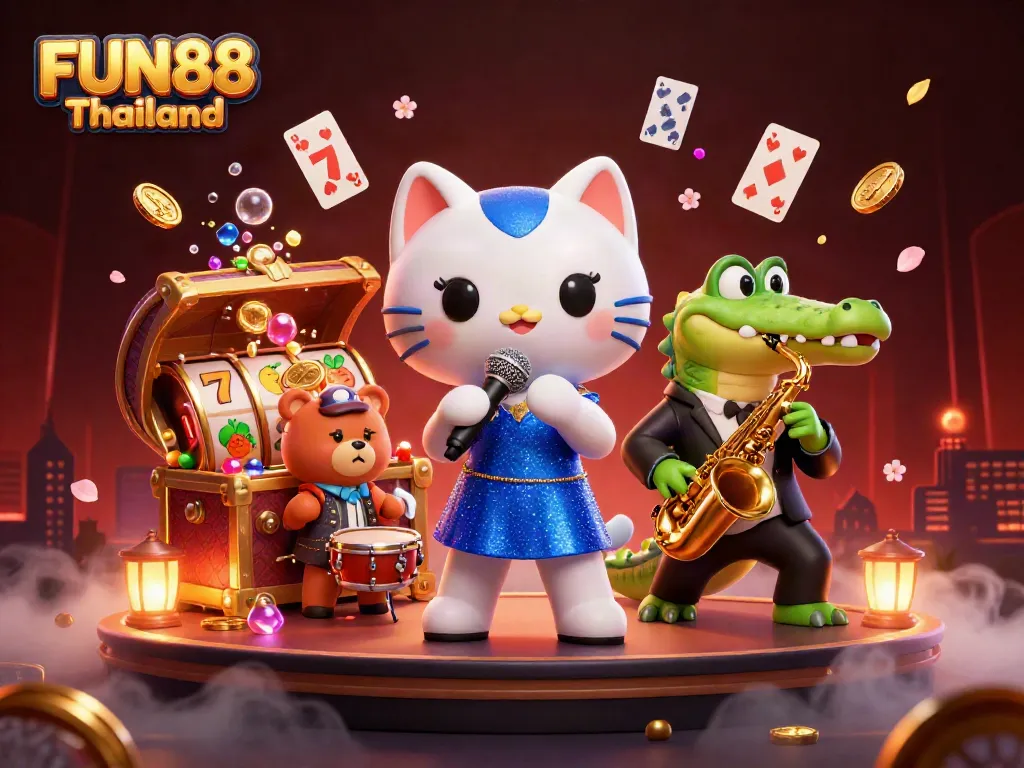 Experience the excitement of FUN88 Thailand with colorful characters on a vibrant casino stage.