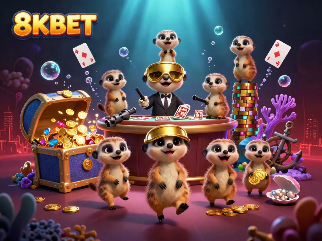 Engage in thrilling gameplay at 8KBET's animated cartoon casino with meerkats handling chips and cards.