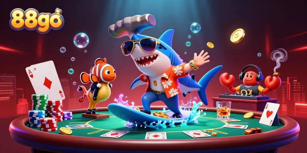 Action-packed scene of 88go casino featuring a shark, clownfish, and crab amidst vibrant gaming elements.
