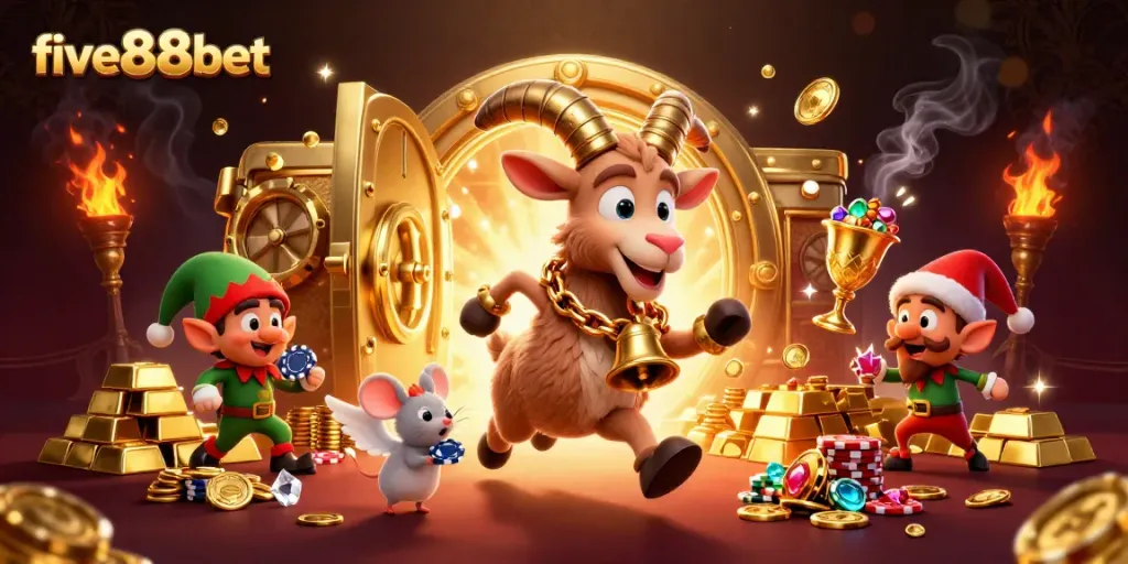 Experience exciting wins at five88bet's festive holiday casino with thrilling characters and gold.