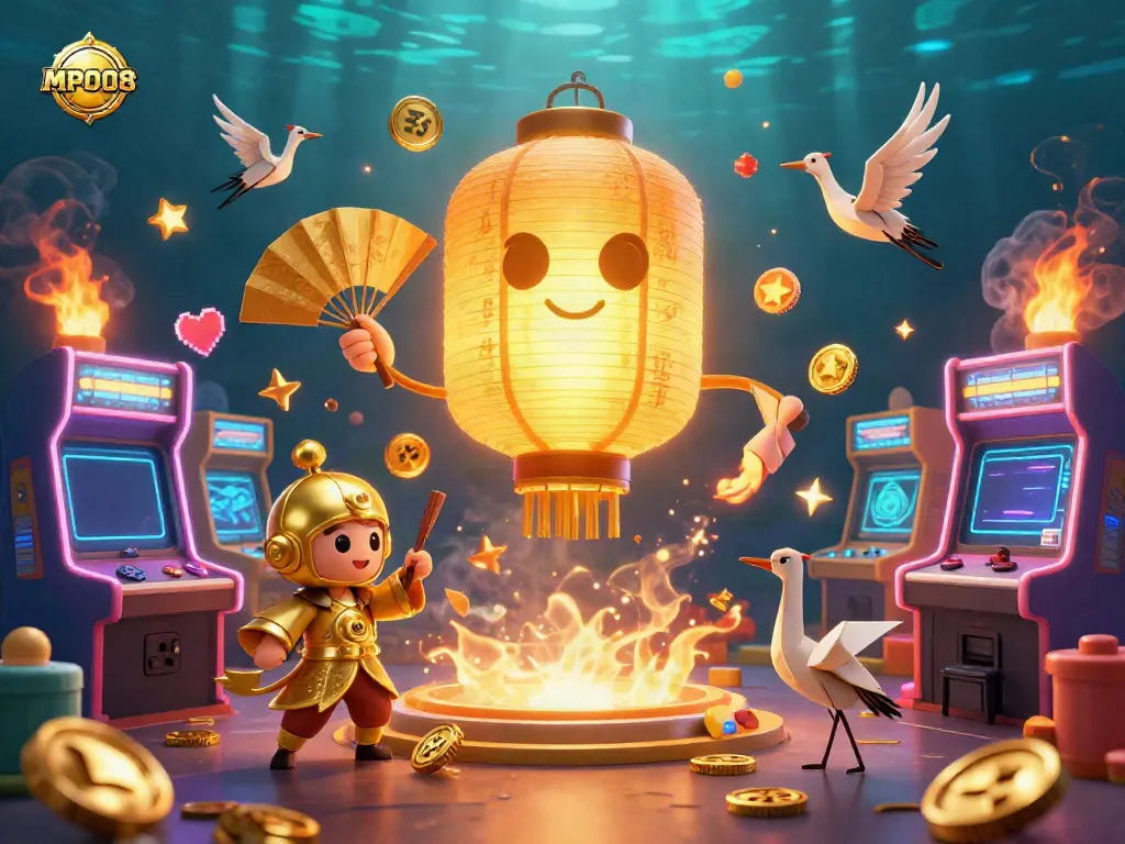 Engage with MPO08 at the vibrant night market casino, featuring golden spirits and arcade elements.
