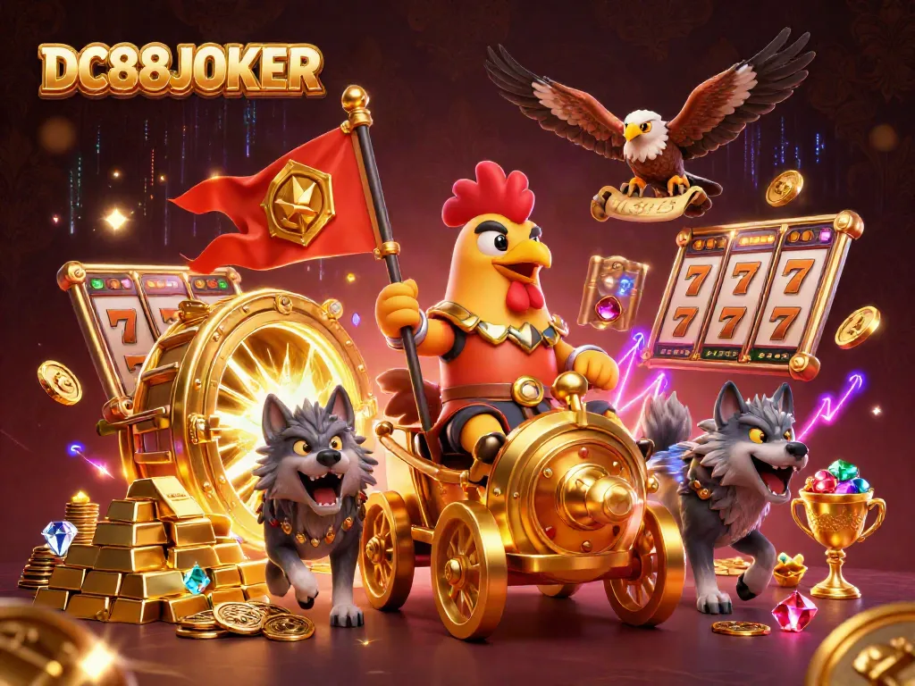 Experience the thrilling DC88JOKER casino journey with vibrant characters and gold treasures.