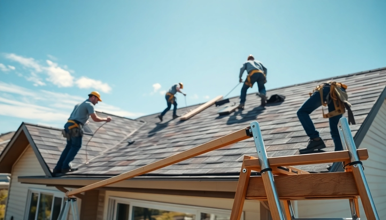 Expert roofing company team replacing shingles on a home roof.