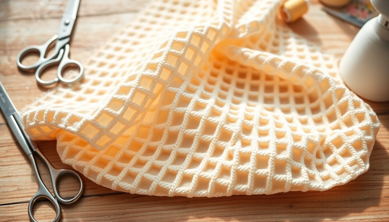 Wafelstof in focus, omringd door naaigerei op een houten oppervlak.