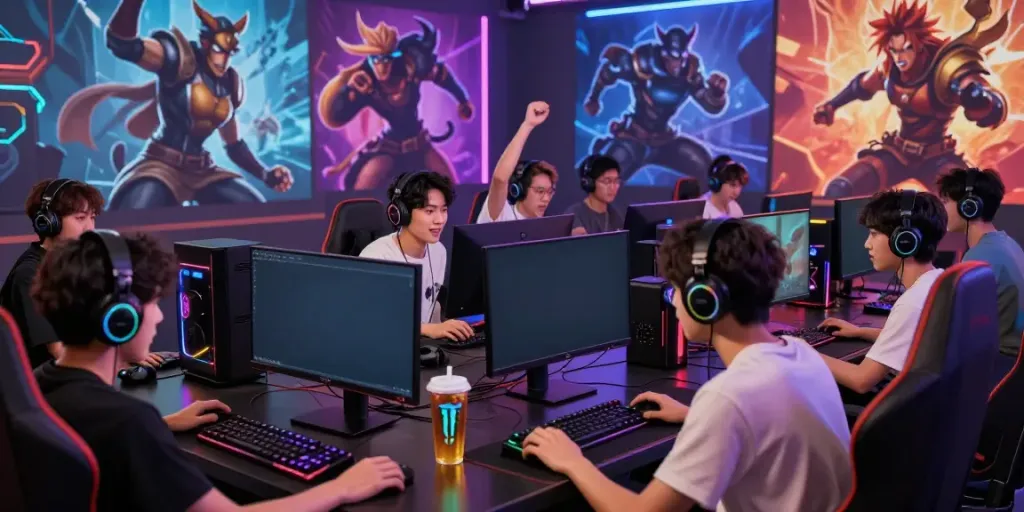Interactive gaming scene showcasing qqmacan platform with engaged players and vibrant setup.