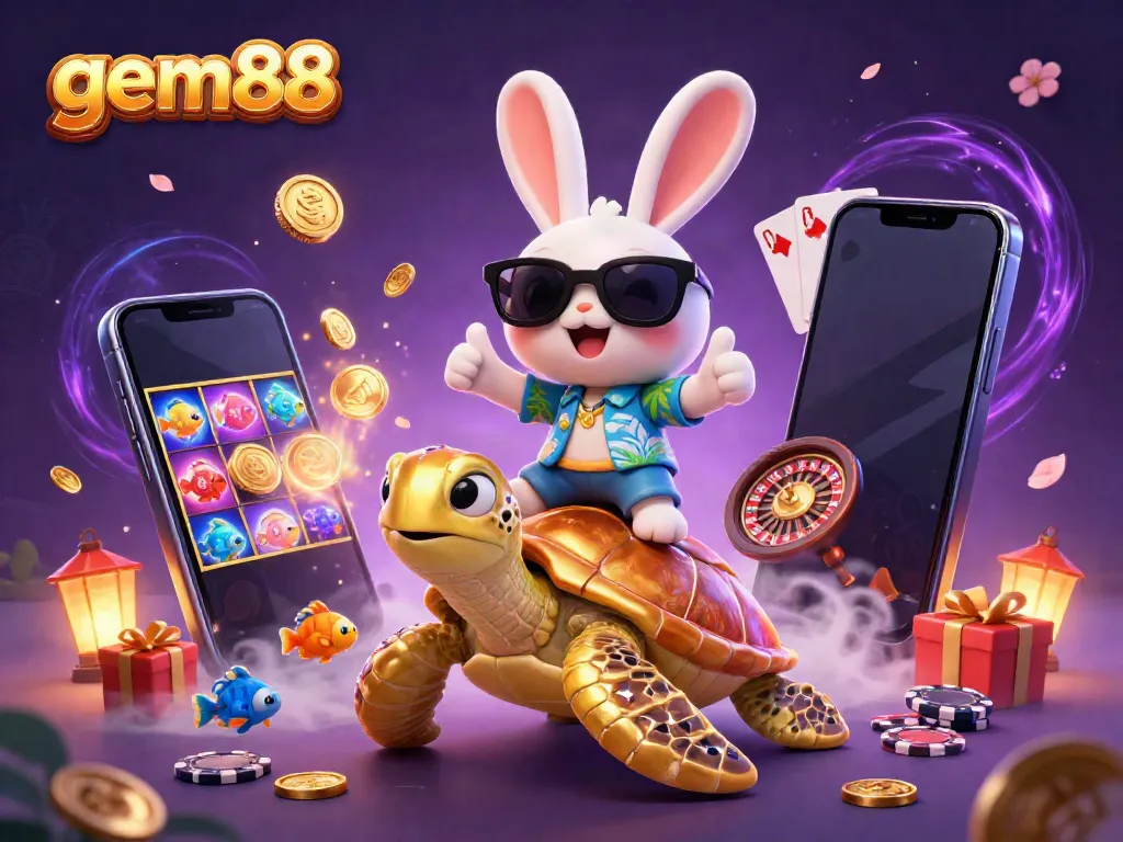 Join the fun at gem88 with a rabbit riding a turtle surrounded by casino game elements including slots and cards.