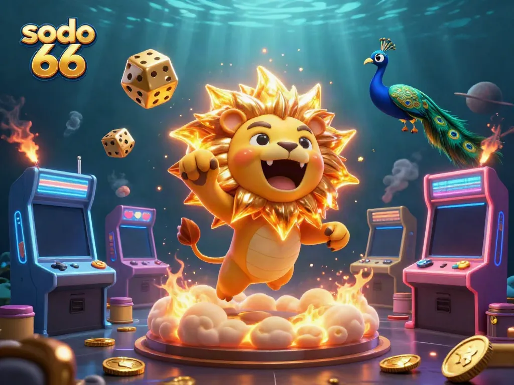 Sodo 66's vibrant gaming atmosphere showcases the 3D cartoon sun lion, golden dice, and exciting game elements.