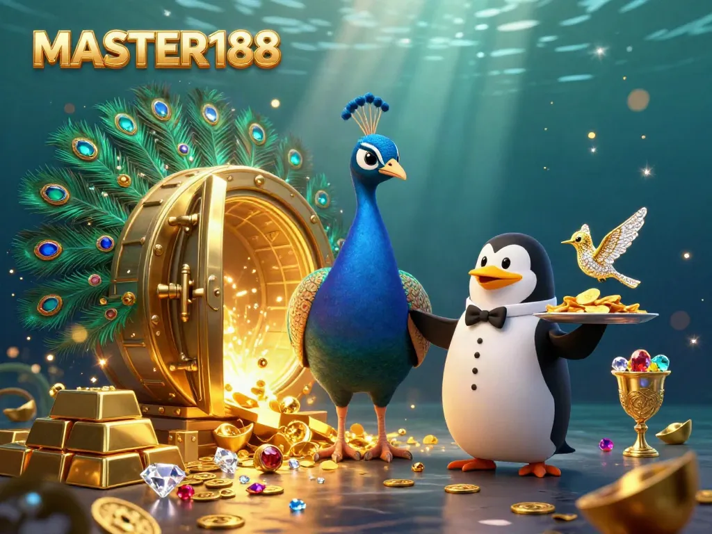 Experience the excitement of MASTER188 with a dazzling casino scene featuring a peacock, penguin, and hummingbird.