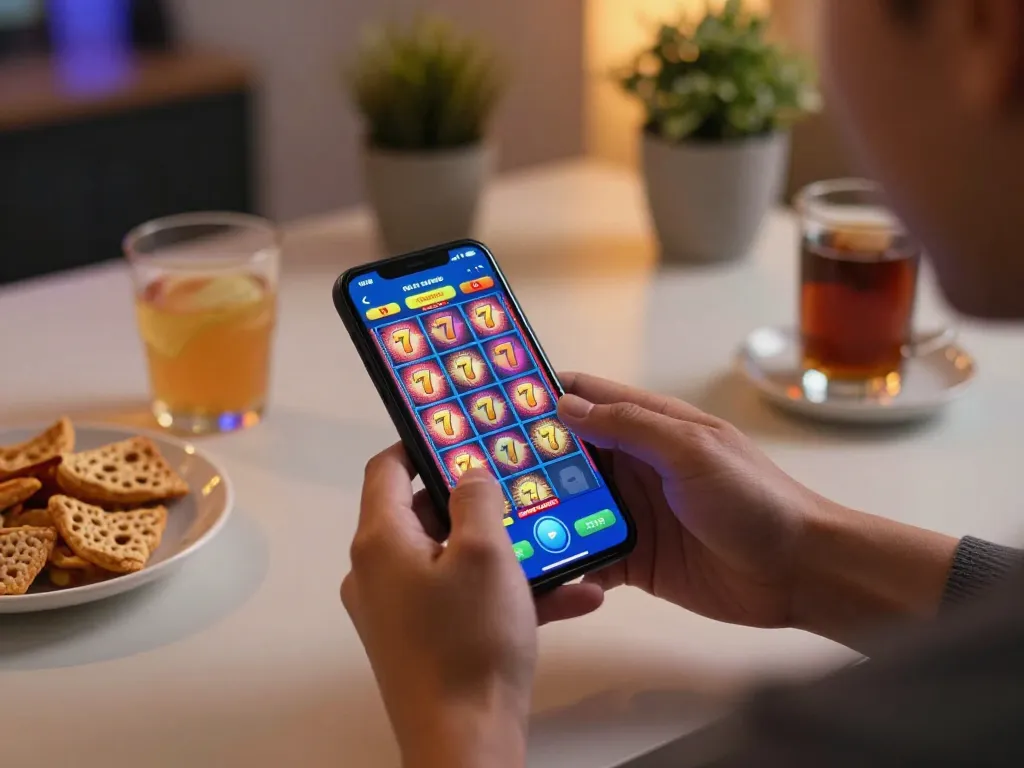 Player enjoying a mobile slot777 game, pressing spin button on vibrant app with snacks around.