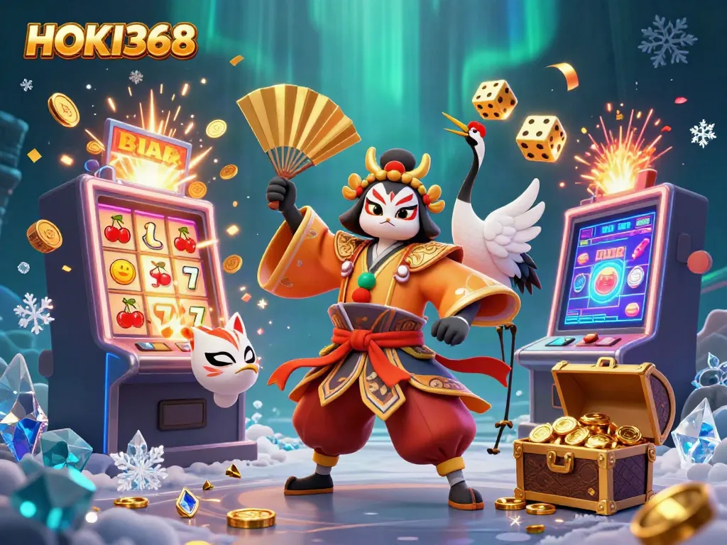 Experience thrilling gameplay with HOKI368 in this dynamic, vibrant online casino illustration.