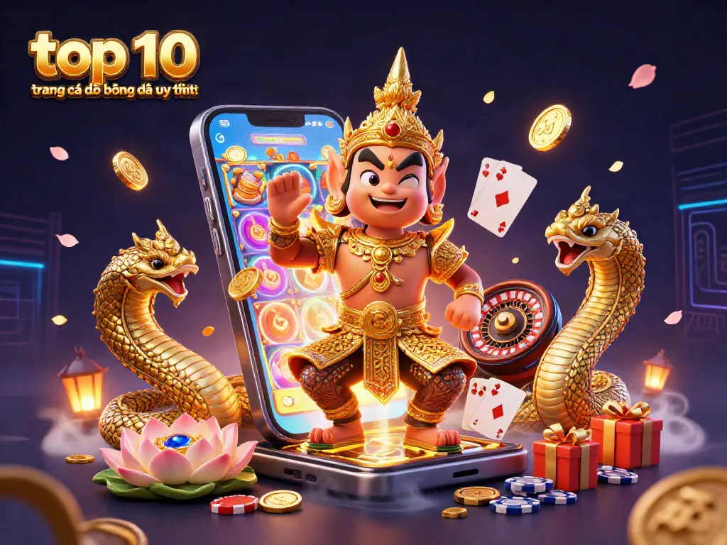 Các trang cược bóng đá hàng đầu Việt Nam trong khung cảnh 3D sinh động với thần bảo vệ, rồng và các biểu tượng may mắn.