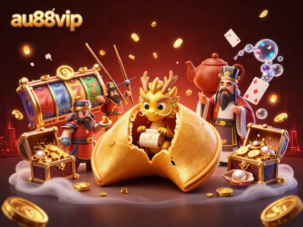 Experience exciting gambling action with au88vip, featuring a wise dragon and golden fortune cookie in a vibrant casino setting.