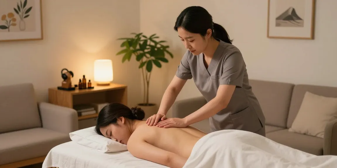 Client receiving 안양출장마사지 from a professional therapist in a tranquil home setting with calming decor.
