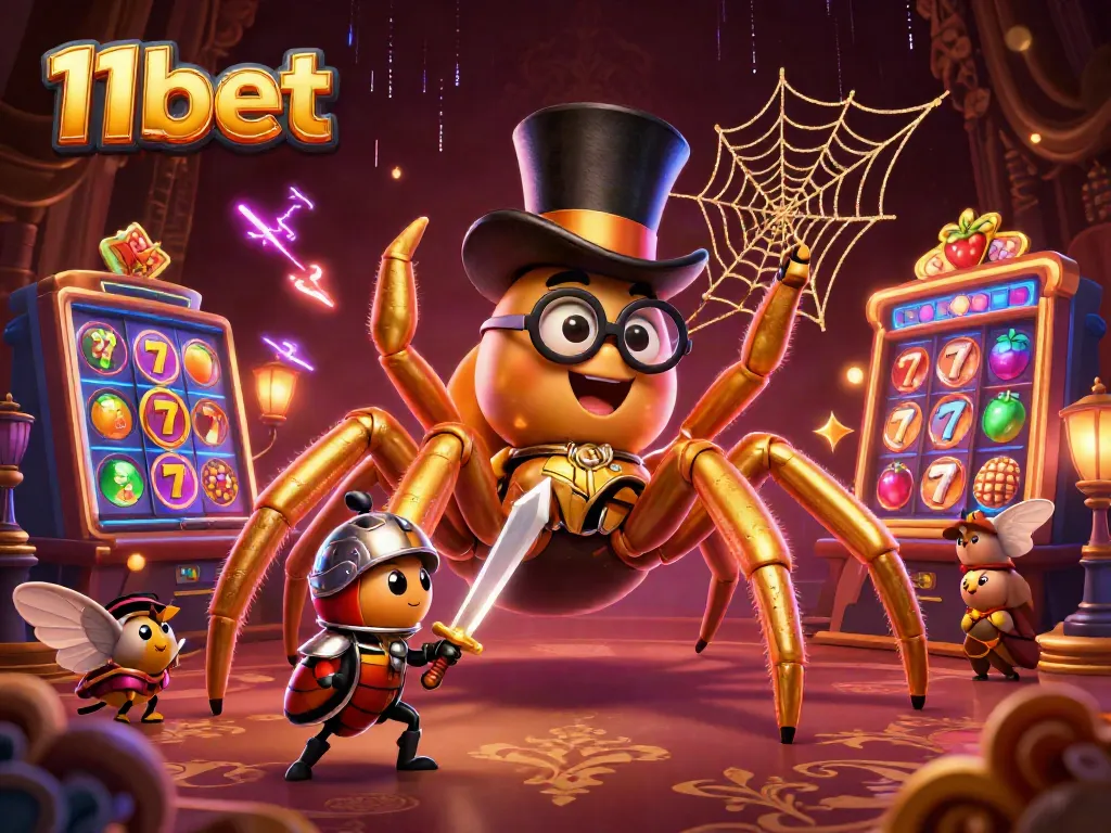 Experience thrilling gameplay with 11bet, featuring a captivating 3D cartoon scene of a golden tarantula and blackjack.
