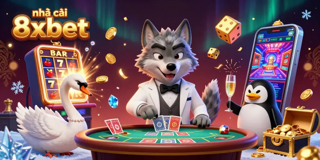 Experience the excitement at nhà cái 8xbet with vibrant casino characters and jackpot scenes.