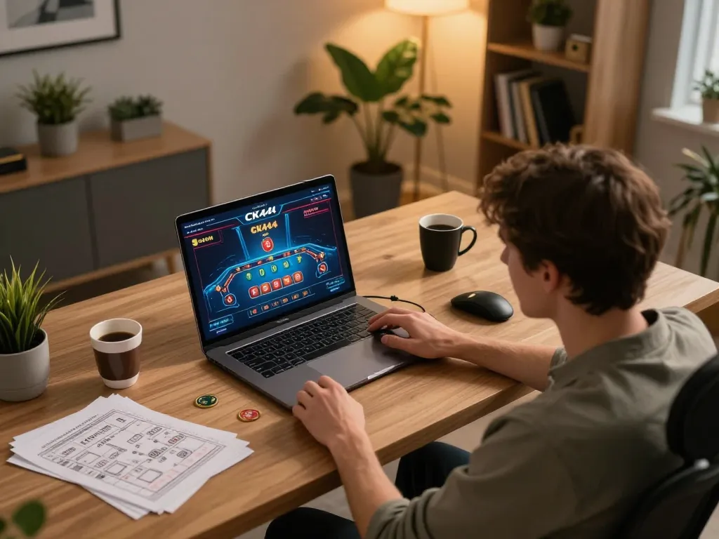 Player engaged with CK444 online casino interface during a strategic gaming session at home.