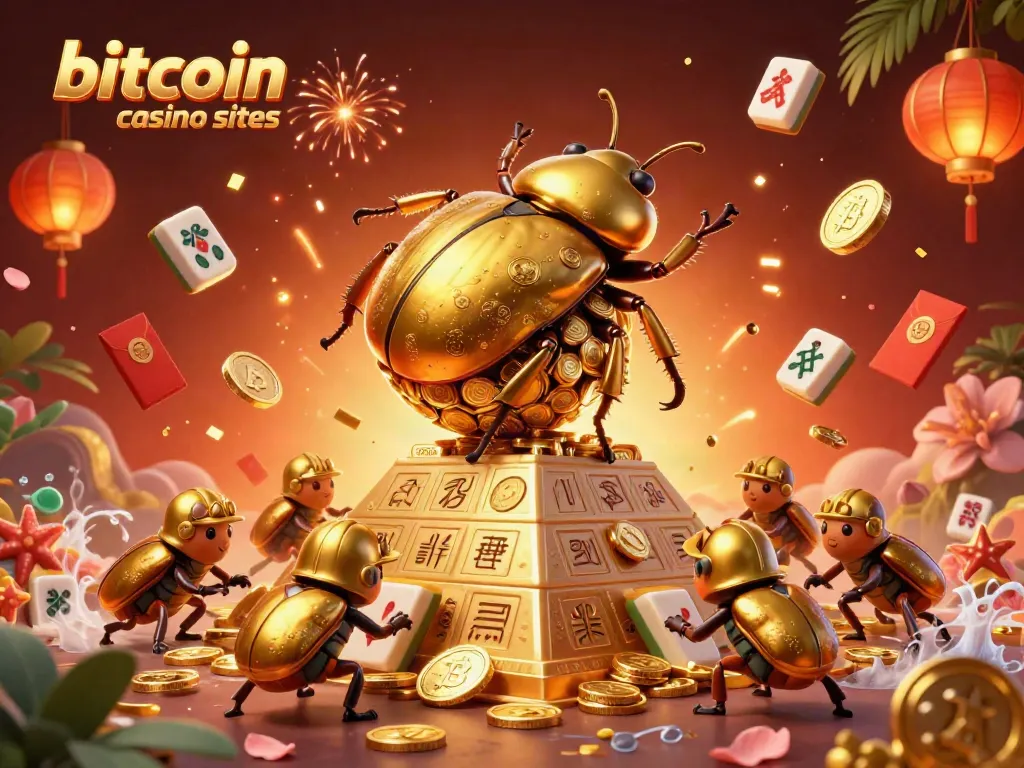 Engage with top bitcoin casino sites featuring vibrant crypto-themed 3D illustration of beetles rolling gold coins.