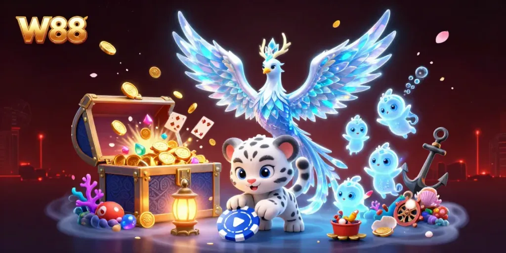 Experience the thrill of W88 with an enchanting scene featuring an ice phoenix and gaming elements.