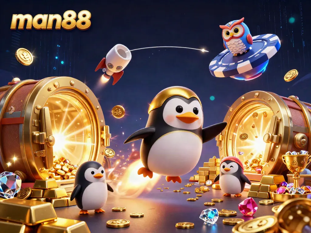 Experience thrilling action with man88 as the golden penguin navigates to an elite casino space station.