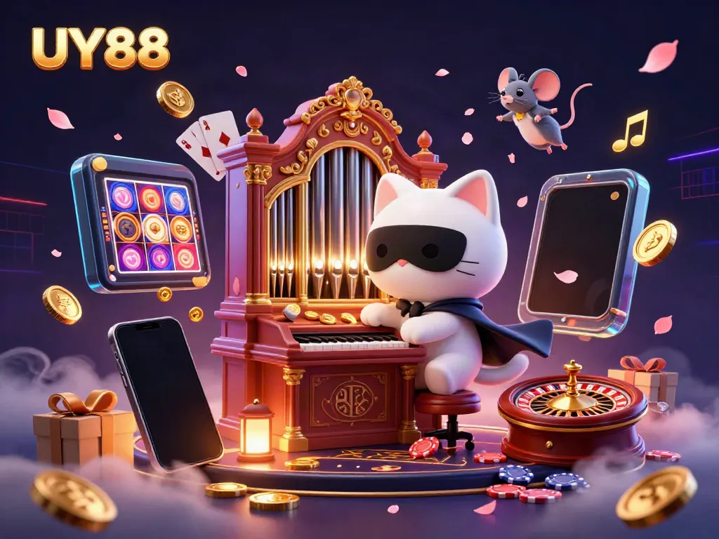 Engage with UY88 as golden coins and slot game reels swirl around a mythical cat in a captivating casino scene.