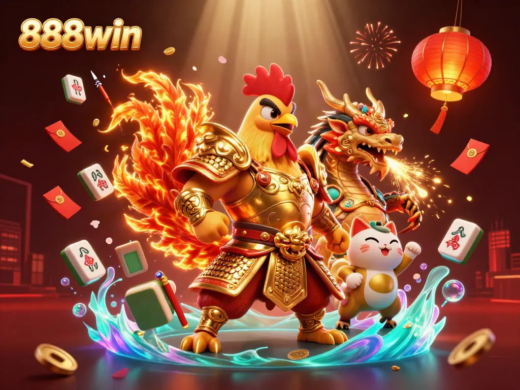 Engage with thrilling 888win scenes featuring a rooster warrior and dragon hatchling amid gold and vibrant casino elements.