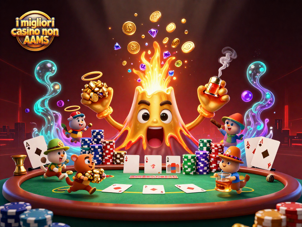 Immagine di i migliori casino non AAMS con un vulcano dorato che erutta oro e tesori, circondato da elementi del poker.