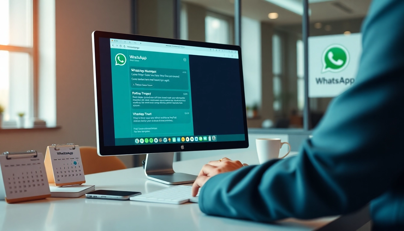 Using WhatsApp网页版 on a desktop with a modern office setup, showcasing vibrant messaging features.