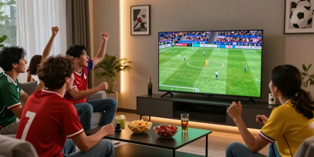 Friends enjoying a live football match at https://thapcamtvlive.live/ in a vibrant living room setting.