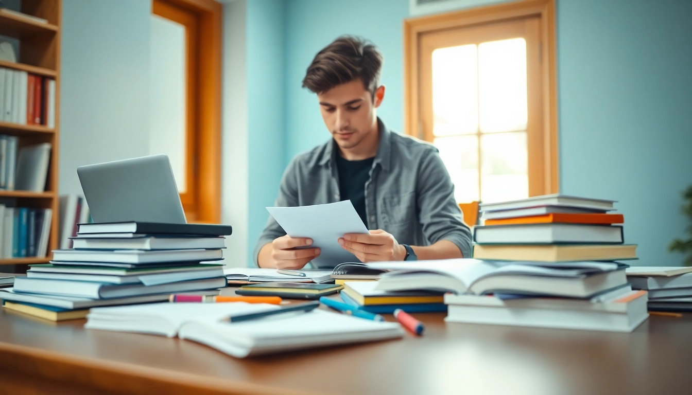 Student seeking exam help in a bright study environment filled with books and notes.