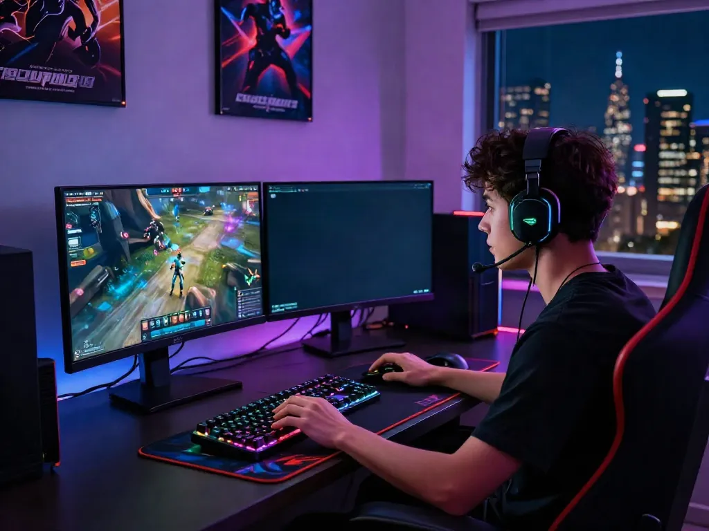 Gaming enthusiast immersed in gameplay at a high-tech gaming setup, highlighting bro138's premium online gaming experience.