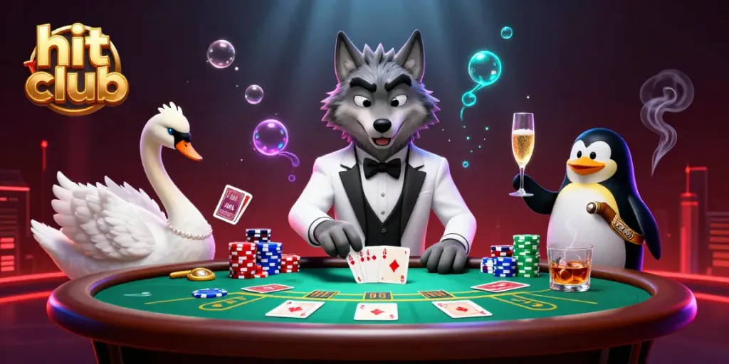 Experience the excitement of hit club with a 3D wolf, swan, and penguin in a vibrant casino setting.